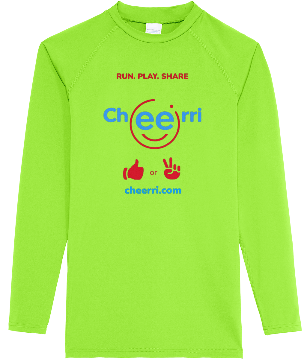 Cheerri Active Long Sleeve T-Shirt | Run.Play.Share - Thumbs Up / Peace Sign Edition | Standard Fit